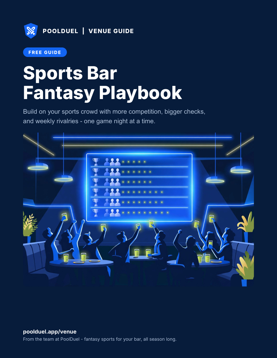 Sports Bar Fantasy Playbook: guests following a fantasy sports leaderboard on a sports bar screen