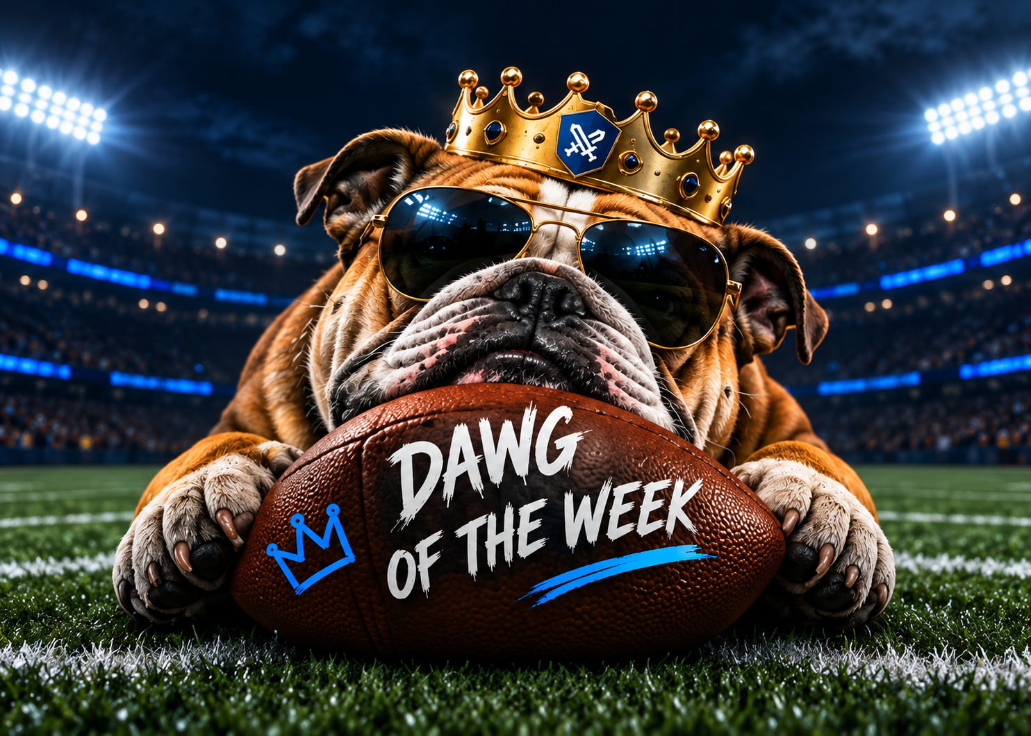Dawg of the Week: crowned bulldog holding a football
